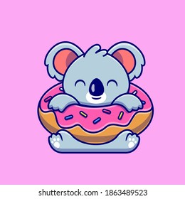 Cute Koala With Big Doughnut Cartoon Vector Icon Illustration. Animal Food Icon Concept Isolated Premium Vector. Flat Cartoon Style