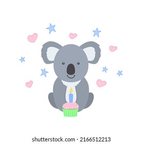 Cute koala with birthday cupcake on a white background with pink hearts and blue stars. Adorable Australian animal. Vector Illustration for poster, greeting card, cover and printing on kids t-shirt