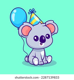 Cute Koala Geburtstagsparty mit Balloon Cartoon Vektorsymbol Illustration. Animal Holiday Icon Konzept isolierter Premium Vektor. Flachbildkartonstil