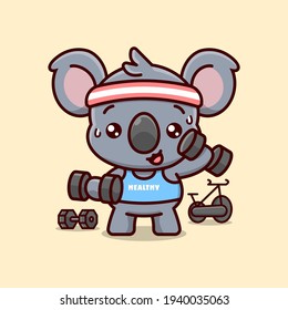CUTE KOALA IN BLUE CLOTHES EXERCISING WITH DUMBBELLS. CARTOON MASCOT