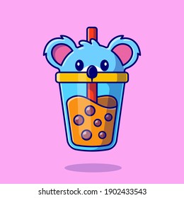 Cute Koala Boba Milk Tea Cup Cartoon Vector Icon Illustration. Animal Drink Icon Concept Isolated Premium Vector. Flat Cartoon Style