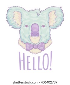 Cute koala with Bowtie say Hello!Vector illustration for t-shirt print. Postcard design.