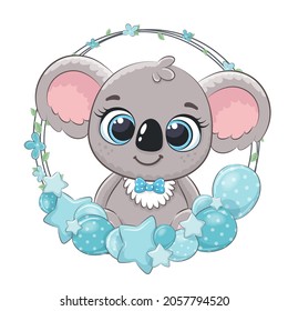 Cute koala boy in a wreath of balloons. Vector illustration of a cartoon.