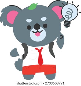 Um coala bonito com um gesto de ideia brilhante, mão levantada, símbolo de lâmpada, conceito criativo, expressão inteligente e estilo de ilustração de desenho animado plano limpo.