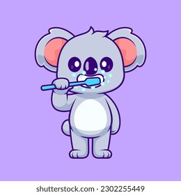 Cute Koala Brushing Teeth Cartoon Vector Icon Illustration. Animal Healthy Icon Concept Isolated Premium Vector. Flat Cartoon Style