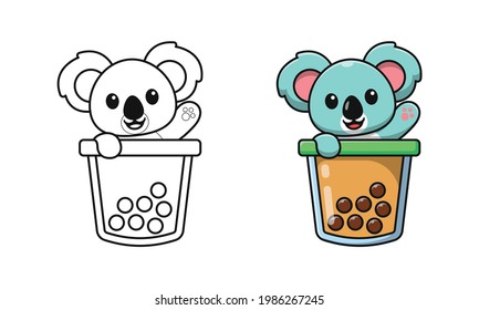 Cute koala in bubble tea cartoon coloring pages for kids