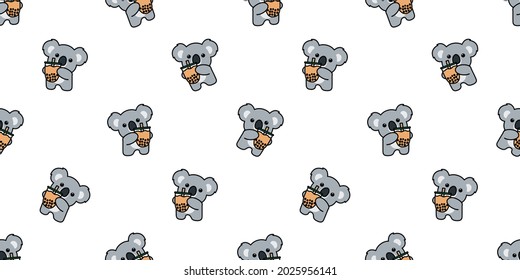 Cute koala with bubble tea cartoon seamless pattern, vector illustration