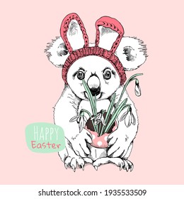 Cute Koala in the Bunny hat with the eggs and snowdrops. Easter card, Humor composition, hand drawn style print. Vector illustration.