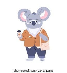 Cute koala, animal de negocios con gafas y ropa de moda, chaqueta. Un divertido hipster de oso con traje, oficinista con taza de café. Ilustración de vector plana infantil aislada en fondo blanco