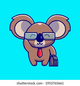 Cute Koala Businessman Holding Suitcase Cartoon Vector Icon Illustration. Animal Business Icon Concept Isolated Premium Vector. Flat Cartoon Style