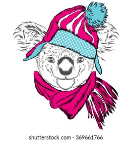Cute koala in a cap and scarf. Australia. Vector illustration for greeting card, poster, or print on clothes.