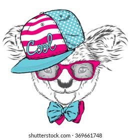 Cute koala in a cap and a tie. Australia.  Vector illustration for greeting card, poster, or print on clothes.