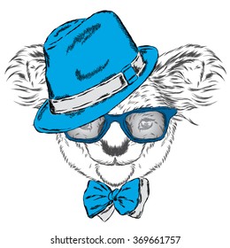 Cute koala in a cap and a tie. Australia.  Vector illustration for greeting card, poster, or print on clothes.