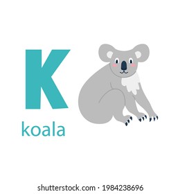 Cute koala card. Alphabet with animals. Colorful design for teaching children the alphabet, learning English. Vector illustration in a flat cartoon style on a white background