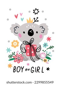 Cute koala card. Baby shower holiday. Girl or boy birth anniversary celebration. Funny mammal. Cartoon exotic animal face with floral wreath and present. Vector