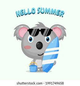 Cute koala carrying surfboard with summer greetings