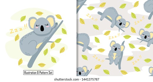 cute koala cartoon animal seamless pattern with illustration card set