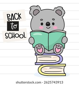 Cute Koala Cartoon Bear Cub Reading Book on Book Stack. Back to School Kids Kawaii Animals. Flat Baby Kitten Playing Illustration