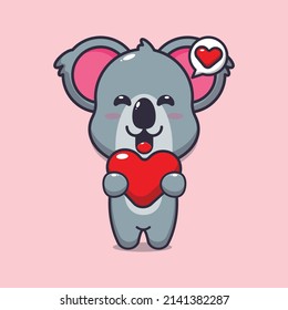 cute koala cartoon character holding love heart