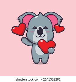 cute koala cartoon character holding love heart in valentines day