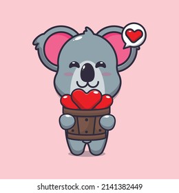 cute koala cartoon character holding love in wood bucket