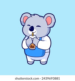 Cute Koala Cartoon Drinking Boba Milk Tea Vector Icon Illustration. Flat Cartoon Style Vector Mascot.