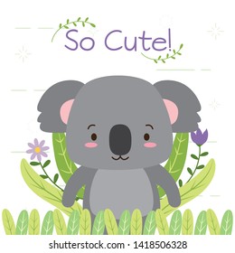 cute koala cartoon flower leaves vector illustration design
