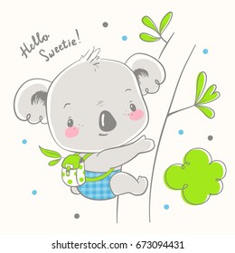 Cute koala cartoon hand drawn vector illustration. Can be used for t-shirt print, kids wear fashion design, baby shower invitation card.