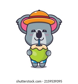 Cute koala cartoon mascot character drink coconut