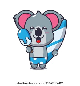 Cute koala cartoon mascot character with surfboard holding ice