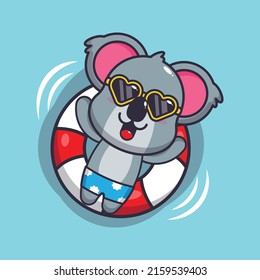 Cute koala cartoon mascot character in sunglasses swim in beach on buoy