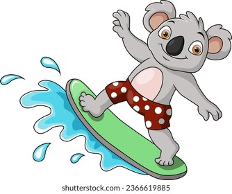 Cute koala cartoon playing surfing