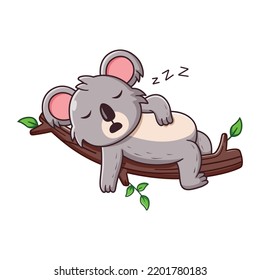 Cute Koala Cartoon Sleeping on Tree Branch. Animal Icon Concept. Flat Cartoon Style. Suitable for Web Landing Page, Banner, Flyer, Sticker, Card