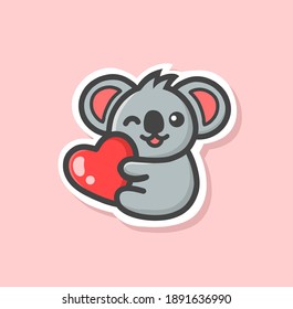 cute koala cartoon sticker hugging a love balloon on Valentine's Day