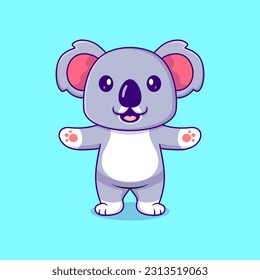 Cute koala cartoon vector icon illustration standing raising both hands