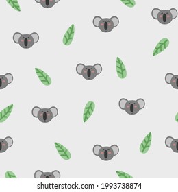 Cute Koala Cartoon, Vektorgrafik mit Blättern - nahtloser Hintergrund