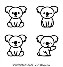 Cute Koala Cartoon Vector Set in Black and White Line Art Style	