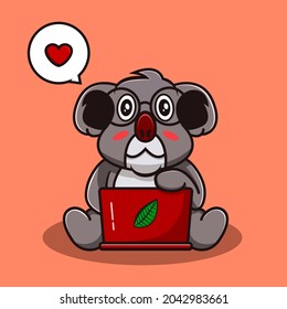Cute Koala Cartoon Working On Laptop. Animal Mascot Design.