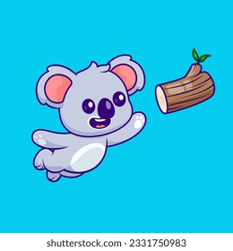 Cute Koala Catching Branch Wood Tree Cartoon Vector Icon Illustration. Animal Nature Icon Concept Isolated Premium Vector. Flat Cartoon Style