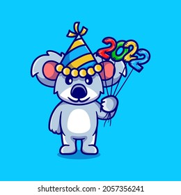 cute koala celebrating new year with 2022 balloons, suitable for t-shirt design or cute animal new year mascot