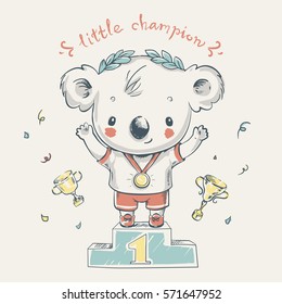 Cute koala champion cartoon hand drawn vector illustration. Can be used for t-shirt print, kids wear fashion design, baby shower invitation card.