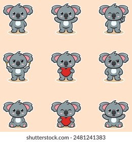 Cute Koala character different poses illustration. Cartoon character design. Flat Cartoon Style. Cute Animal Set.