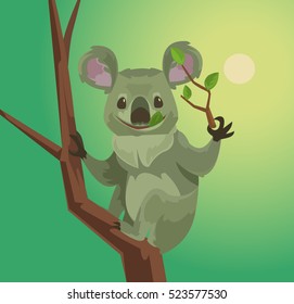 Cute koala character eating eucalyptus leaves. Vector flat cartoon illustration