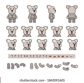 Cute koala character in grey suit creation kit. Create your own action, pose or animation. Vector illustration bundle