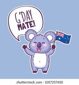 Cute koala character holding an Australian flag and saying G'day mate! Cute cartoon sticker with koala bear. Australia day vector illustration.