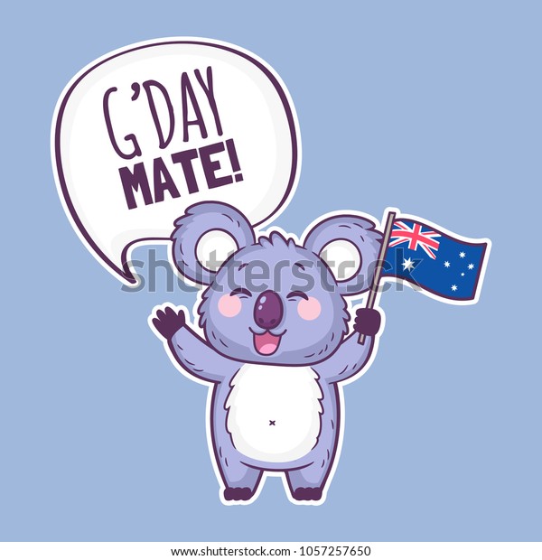 オーストラリア国旗を持ち ゲーデーマテと言うかわいいコアラキャラクター コアラベアのかわいい漫画のステッカー オーストラリアの日のベクターイラスト のベクター画像素材 ロイヤリティフリー