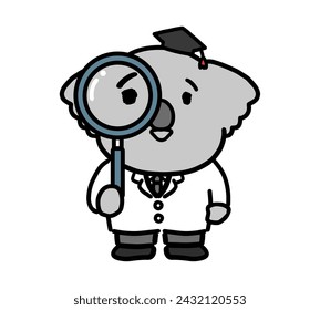 Cute koala character holding a magnifying glass.