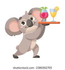 Cute Koala Character with Large Ears and Nose Carry Cocktail Drinks Vector Illustration