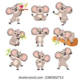 Cute Koala Character with Large Ears and Nose Engaged in Different Activity Vector Set