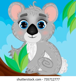 Cute Koala Character on a Branch 